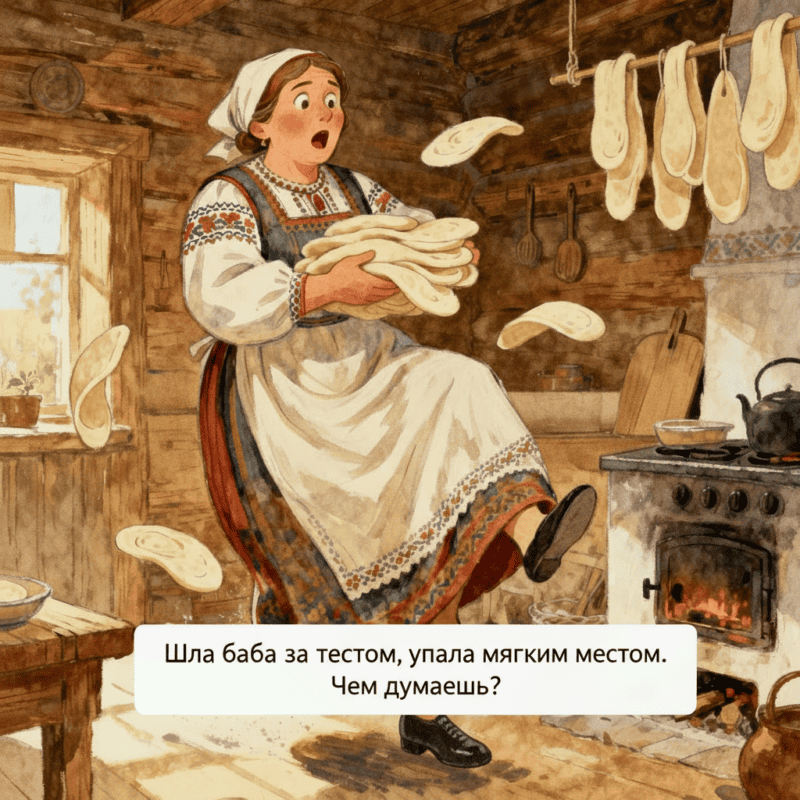 Шла баба за тестом, упала мягким местом. Чем думаешь? Шла баба за тестом, упала мягким местом. Чем думаешь?