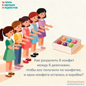 Как разделить 6 конфет между 6 девочками так, чтобы 1 конфета осталась в коробке Как разделить 6 конфет между 6 девочками так, чтобы 1 конфета осталась в коробке