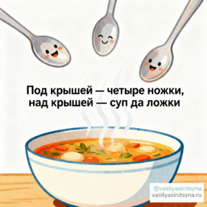 Под крышей - 4 ножки, над крышей - суп да ложки Под крышей - 4 ножки, над крышей - суп да ложки