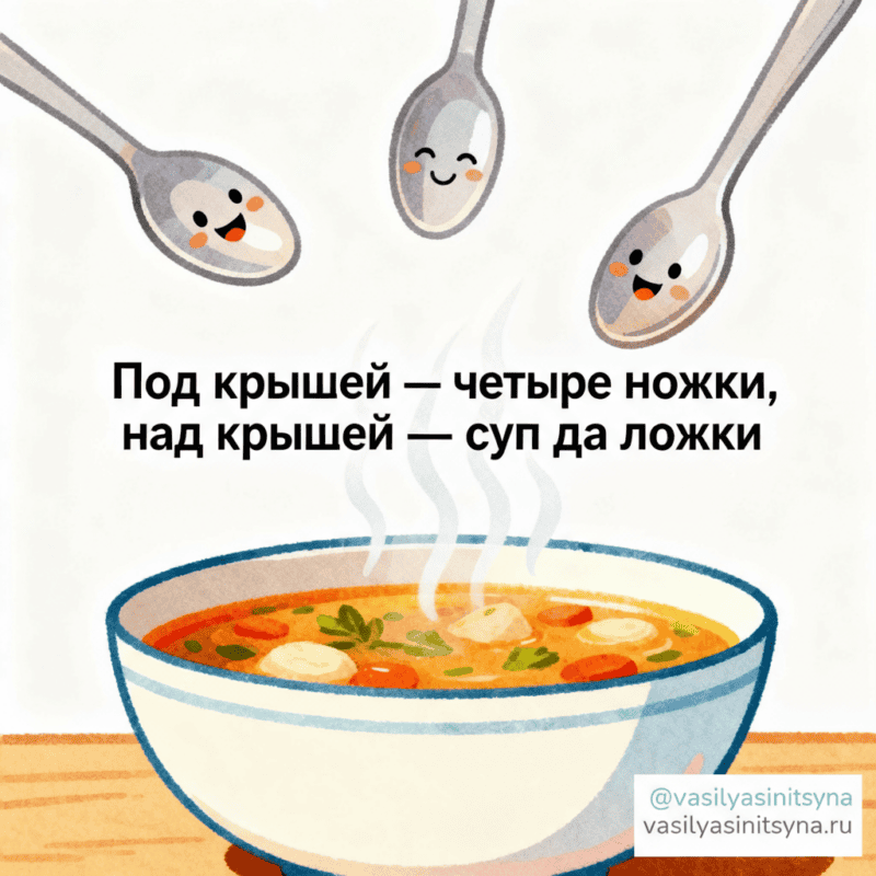 Под крышей - 4 ножки, над крышей - суп да ложки Под крышей - 4 ножки, над крышей - суп да ложки