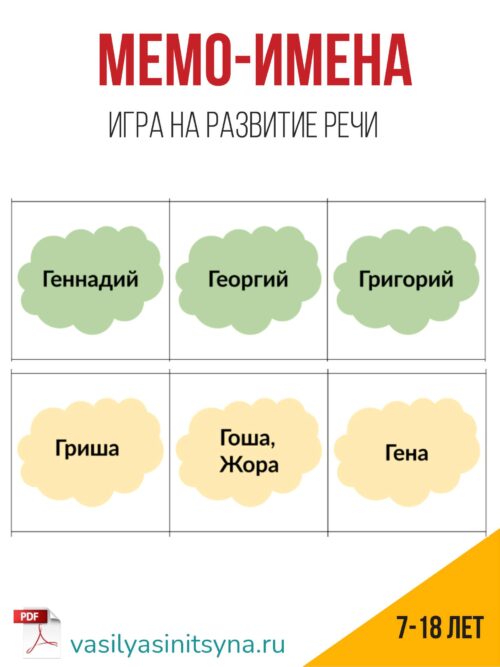 игра мемо, краткие и полные имена, развитие речи