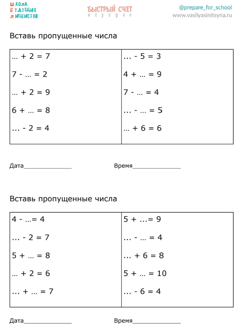 Математические примеры с пропусками. Состав числа
